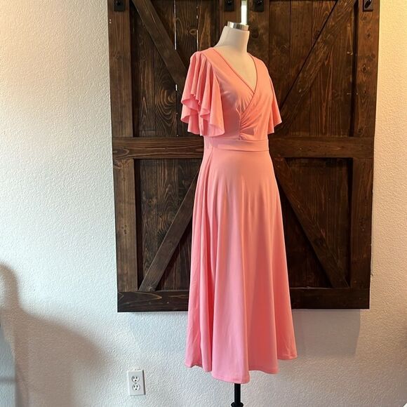 LYANER Warp V Neck Ruffle Short Sleeve A Line Swing Flared Cocktail Party Midi - Picture 4 of 10